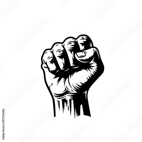Raised Fist Power Symbol Vector Illustration, Protest Hand Gesture, Revolution and Freedom Concept Line Art Isolated on White Background