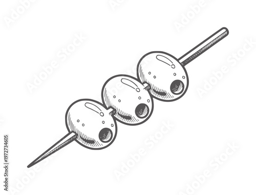 Black and white line of three spherical whisk attachments a stick spheres