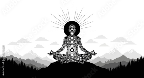 Meditative figure atop a mountain with radiant energy and serene surroundings isolated on transparent background, isolated on white background, Vector
