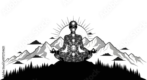 Serene meditation amidst the celestial mountains and radiant sunburst isolated on transparent background, isolated on white background, Vector