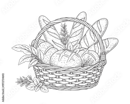 Black and white of a wicker basket filled with bread loaves and herbs