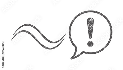 Black hand drawn exclamation mark inside a speech bubble with wavy tail symbol