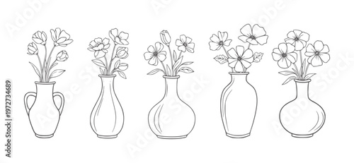 Five line vases with delicate flowers arranged in each floral arrangement botanical