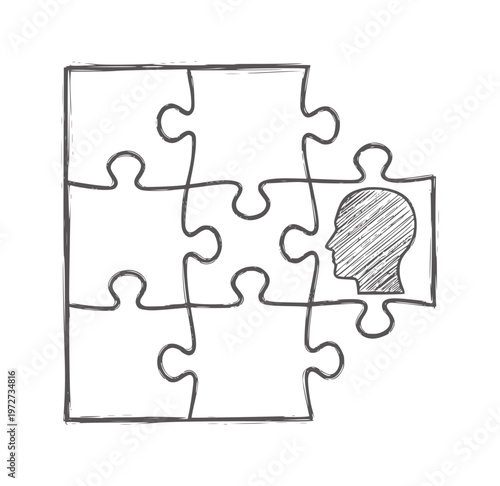 Incomplete jigsaw puzzle with a head silhouette piece ready to fit