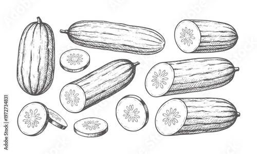 Handdrawn black and white cucumbers with cross sections and textures crosssections