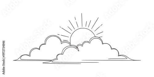 Minimalist black and white line of sun rising over stylized clouds rays horizon