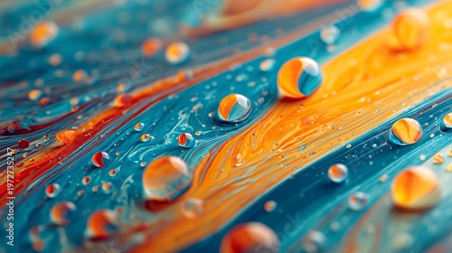 A vibrant abstract artwork featuring colorful water droplets on a swirling blue and orange background