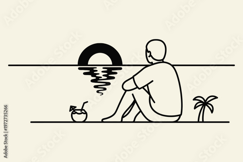 Vacation Mood Illustration Person Watching Ocean Sunset Minimalist