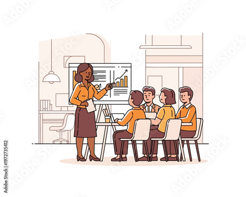 A female presenter stands by a whiteboard displaying a bar graph, leading a business meeting with four attentive colleagues seated at a table.