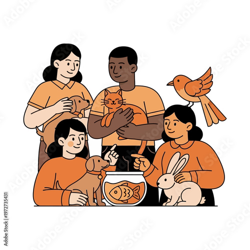 A diverse group of people of different ages and ethnicities are happily surrounded by their beloved pets, including dogs, a cat, a rabbit, a bird, and a fish.