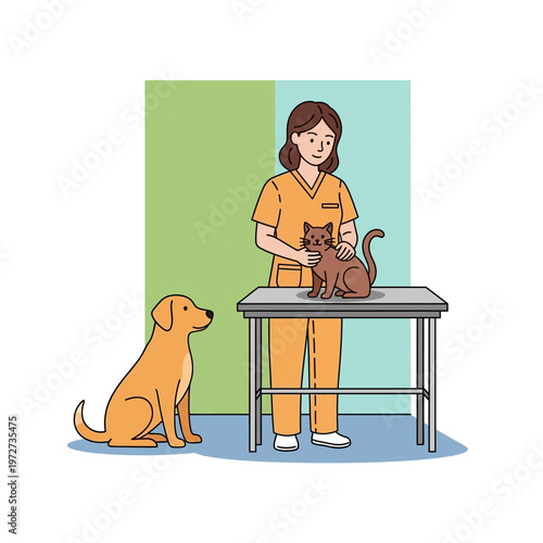 Female veterinarian examining a brown cat on an examination table while a golden retriever dog waits patiently nearby.