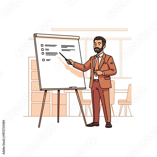 A businessman presenting information on a flipchart in an office setting, illustrating a corporate meeting or training session.