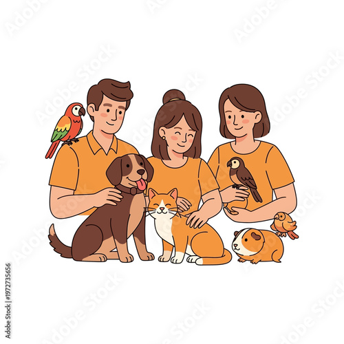 A happy family of three with their beloved pets, including a dog, cat, guinea pig, and two parrots, all wearing matching orange shirts.