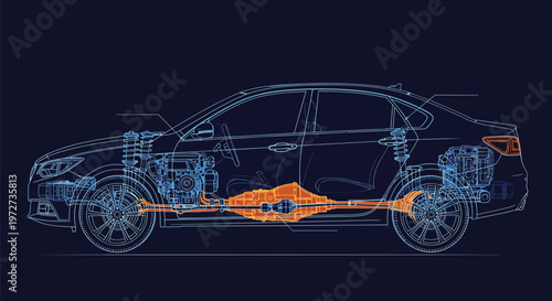 Automotive Drivetrain Illustration Showing Car Chassis, Transmission and Axles in Technical Blueprint