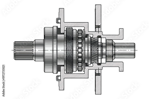 Mechanical Gearbox Cross-Section Technical Drawing Showing Shafts, Gears, Bearings and Housing Components