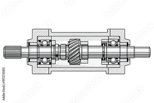 Cross-Section Technical Illustration of Helical Gear Shaft Assembly With Bearings, Splines and Housing