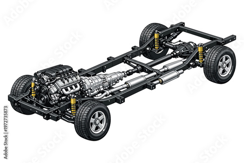 Car Chassis With Engine, Transmission and Drivetrain Illustration Showing Suspension and Undercarriage Components
