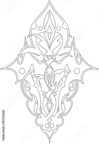 Technical decorative drawing showing vertical ornamental panel with symmetrical arabesque scrolls, pointed motifs and intricate geometric details.