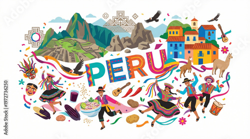 Peru Travel Collage with Machu Picchu Traditional Dancers and Cultural Icons