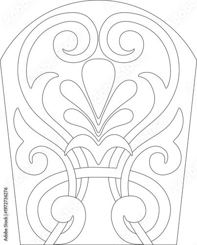 Technical decorative drawing showing vertical ornamental panel with arched top, symmetrical scrolling motifs, palmette design and interlacing bands.