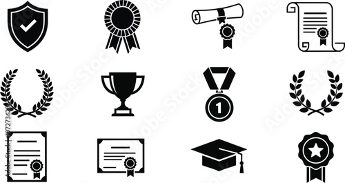 Collection of black silhouette icons representing achievements awards education and recognition