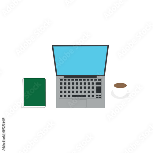 Minimal Workspace Illustration with Laptop, Book and Coffee Cup. Education and Work Concept Vector.