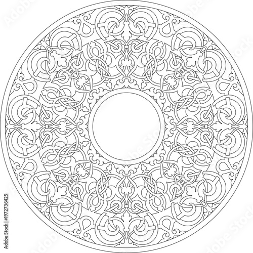 Technical decorative drawing showing a circular ornamental pattern with intricate interlacing knotwork, arabesque motifs and radial symmetry around a central void.