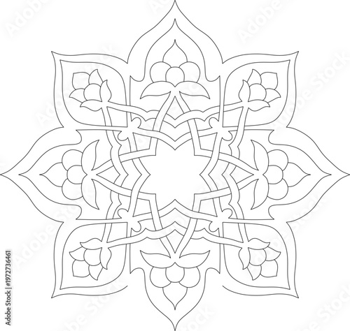Technical decorative drawing showing a six-pointed star pattern with interlacing bands and floral motifs in each point for screen or tile design.