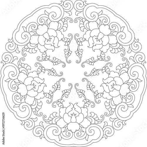 Technical decorative drawing showing circular ornamental pattern with symmetrical floral motifs, scrolling vines and radial design elements.