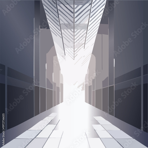 Abstract geometric corridor interior with bright light and shadow