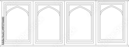 Technical architectural elevation drawing showing four identical vertical panels with pointed arches and concentric rectangular borders for decorative screens.
