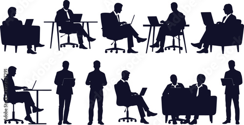 Silhouettes of business professionals in various meeting and working scenarios depicting modern office life