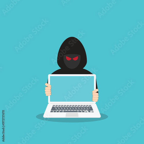 Hacker at laptop icon. Flat illustration of hacker at laptop vector icon for web design	