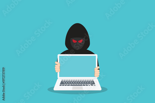 Hacker at laptop icon. Flat illustration of hacker at laptop vector icon for web design	