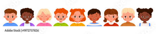 Set of diverse children faces showing different emotions. Multicultural boys and girls expressing happiness, sadness, surprise. Education and learning concept. Vector illustration in cartoon style