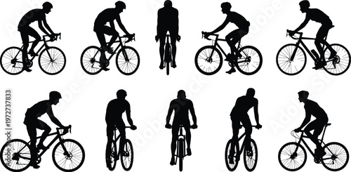 Collection of vector graphic designs showcasing dynamic cyclist silhouettes in various poses and angles, ideal for sports and active lifestyle themes