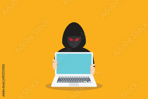 Hacker at laptop icon. Flat illustration of hacker at laptop vector icon for web design	