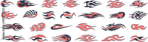 Dynamic vector compilation of stylized flame and abstract tribal graphic elements in fiery red and dark tones, ideal for creative design projects and customization
