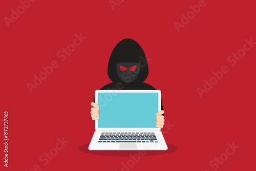 Hacker at laptop icon. Flat illustration of hacker at laptop vector icon for web design	