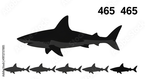 Shark silhouettes in various sizes swimming.