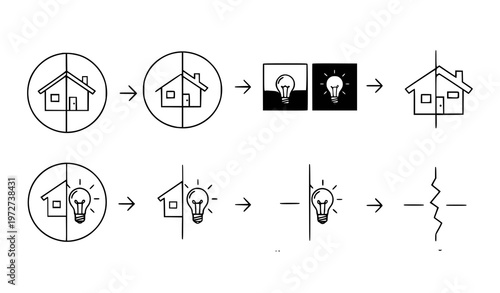 A vector graphic illustration depicting a step-by-step process of an idea turning into an energy-efficient home with icons and symbols representing innovation and sustainability