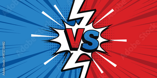 Versus comic book style banner with blue and red split background and lightning bolts vector illustration