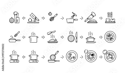 A vector graphic illustration depicting a step-by-step cooking process from preparation to serving with various kitchen utensils and dishes in a flat minimal design style.