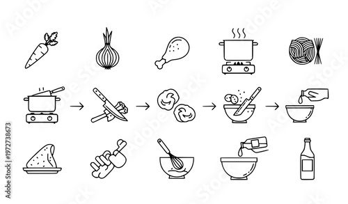 A vector graphic illustration depicting a step-by-step cooking process with various kitchen utensils and ingredients in a minimalist line art style