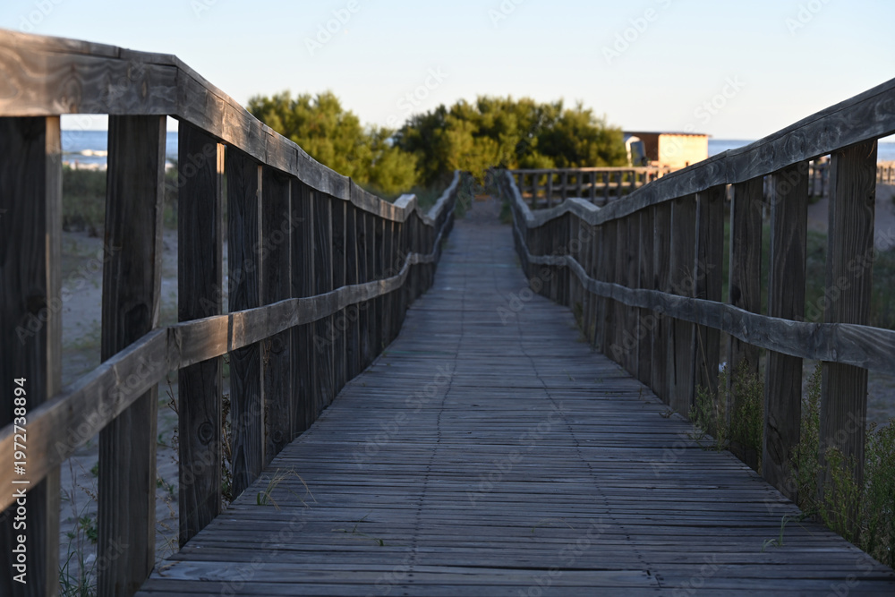 Obraz premium Old wooden bridge against a landscape