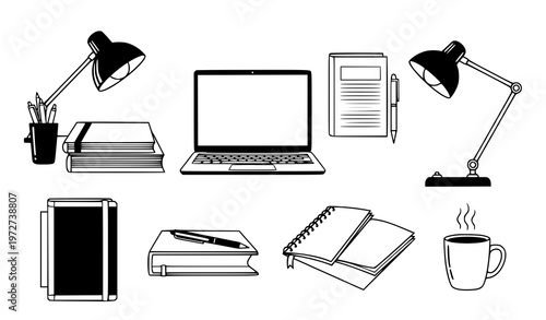A black and white vector illustration of various office supplies and electronics on a plain white background