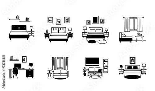 A set of minimalist black and white vector illustrations depicting various furniture arrangements and interior designs for living rooms and bedrooms in a modern home