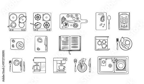 A collection of kitchen utensils and appliances illustrated in a minimalist line art style on a transparent background