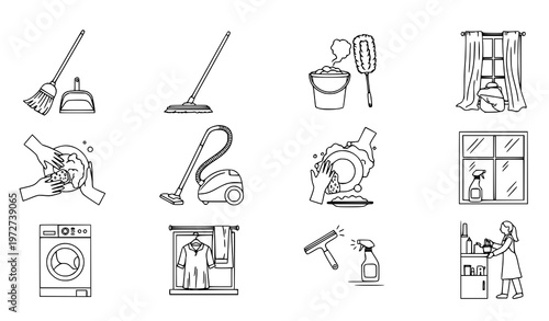 A set of black line art illustrations depicting various cleaning tools and household chores in a minimalistic flat design style on a white background