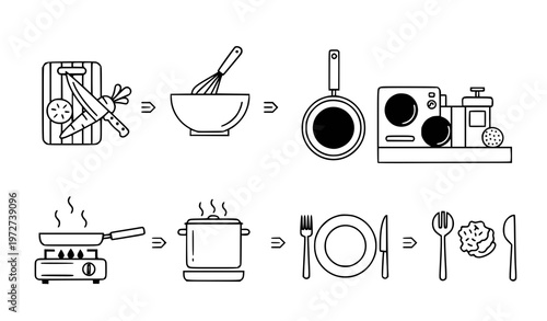 A vector graphic illustrating the step-by-step process of cooking a meal from preparation to serving with various kitchen utensils and appliances